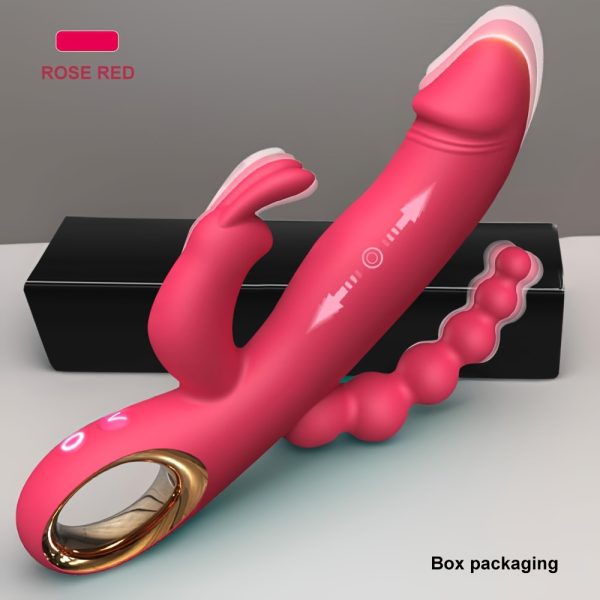 10 Vibrating Modes Silicone Thrusting Dildo Rabbit Vibrator – Rose red + box